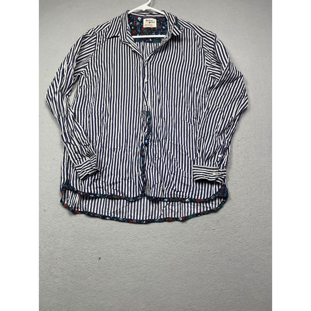 Holding Horses Shirt Cotton Navy White Stripe Floral Small Womens